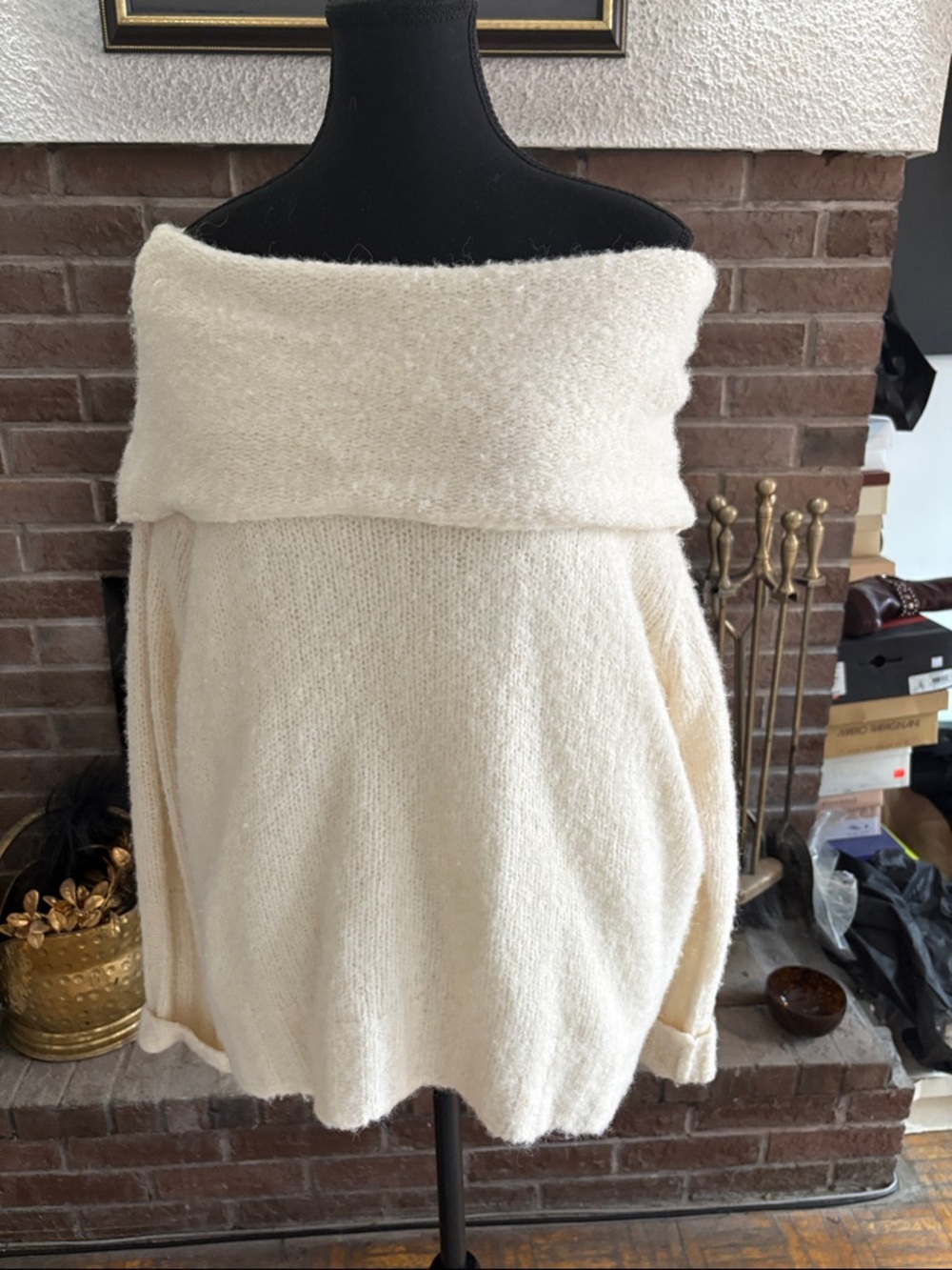 Vince Cream Off-the-Shoulder Fold-Over Sweater